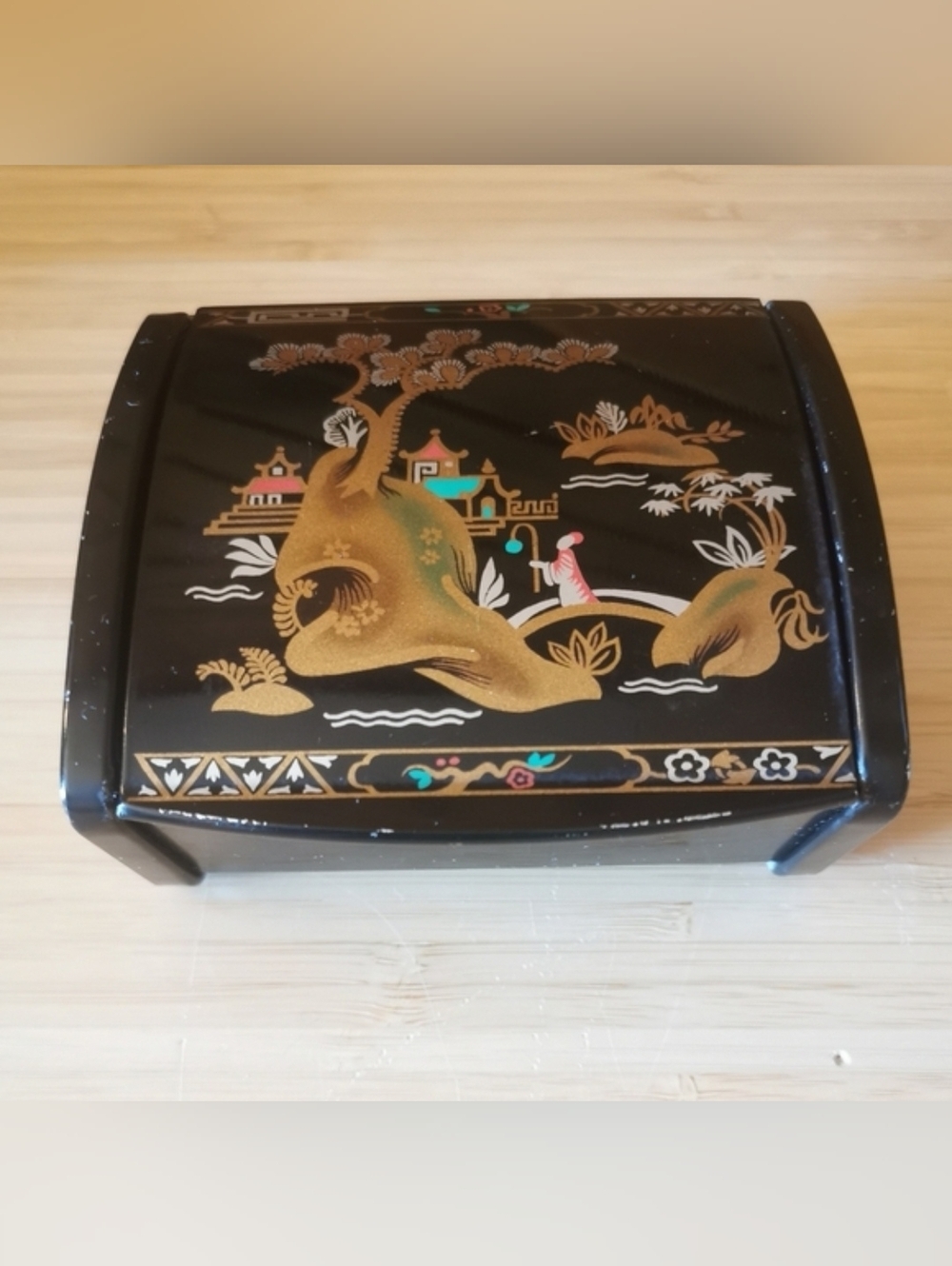Vintage Lacquered Box With Oriental Scene